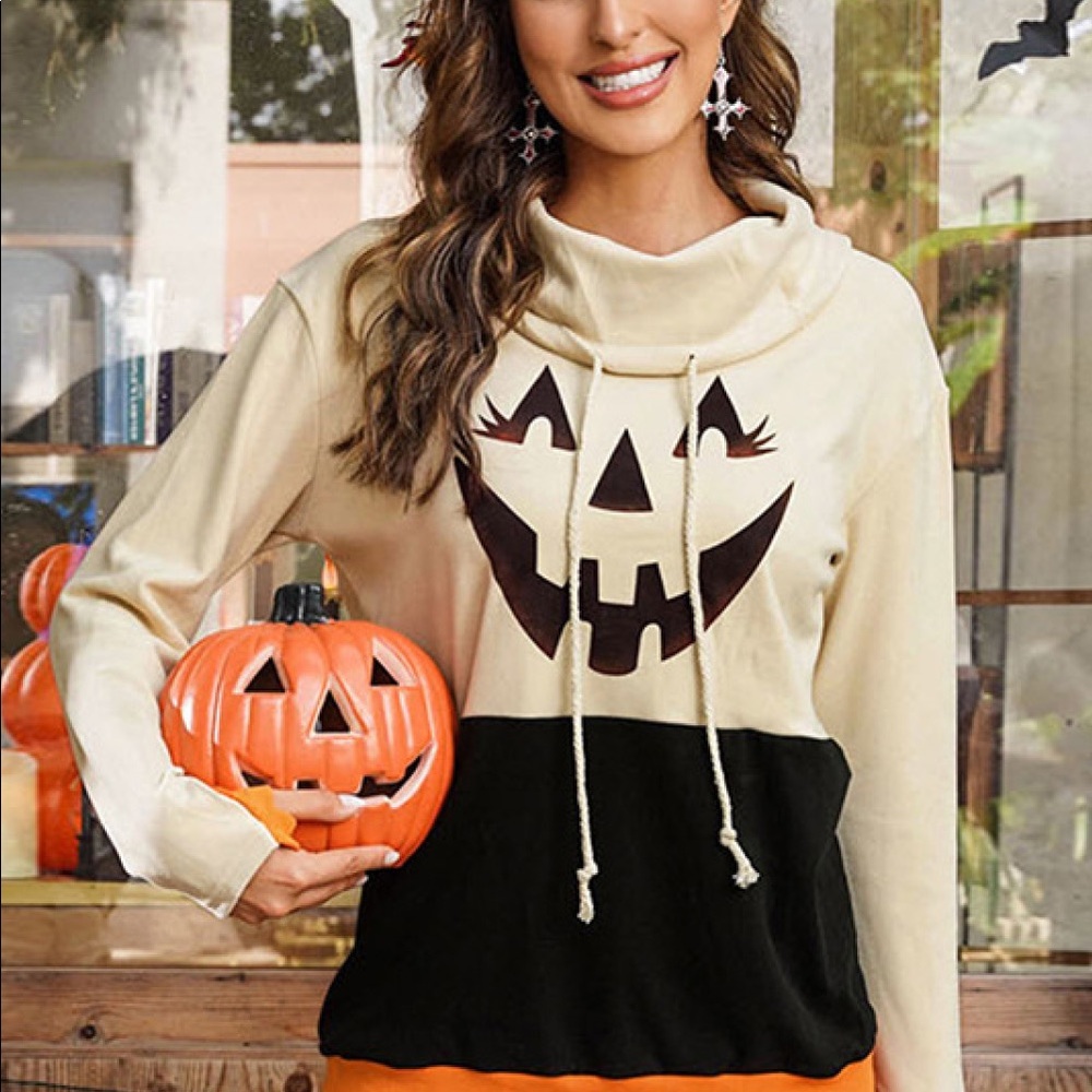 Halloween Print Color Block Drawstring Sweatshirt - Picture 14 of 14
